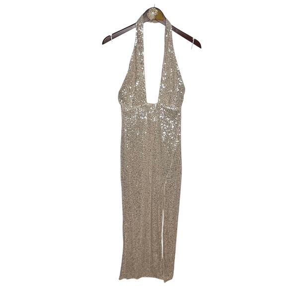 Hello Molly Womens Sequin Spotlight On Me Midi Dress M Silver Beige Prom Formal - Picture 3 of 14